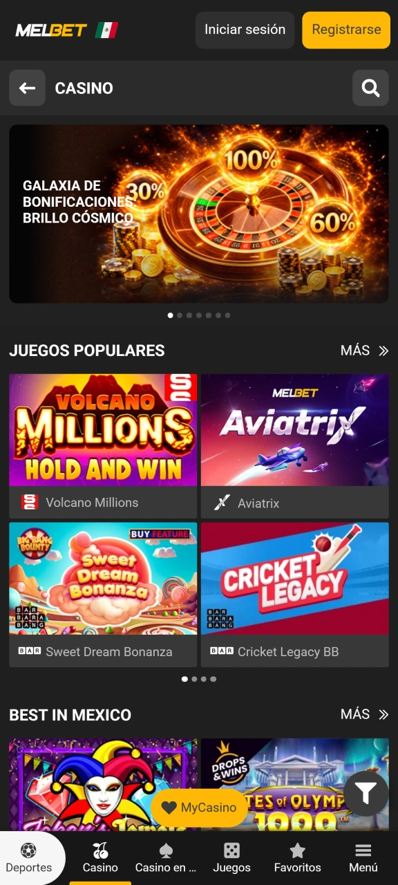 Juegue una variedad de juegos de casino en la aplicación Melbet.