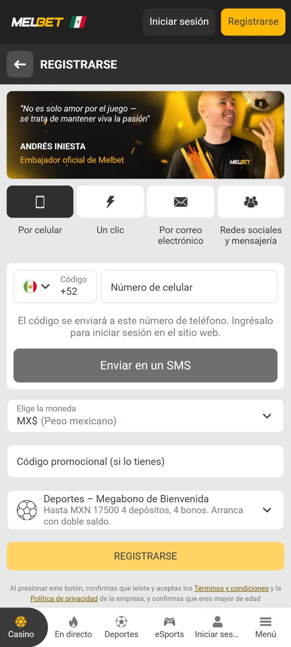 Elija un método de registro y cree una cuenta Melbet.