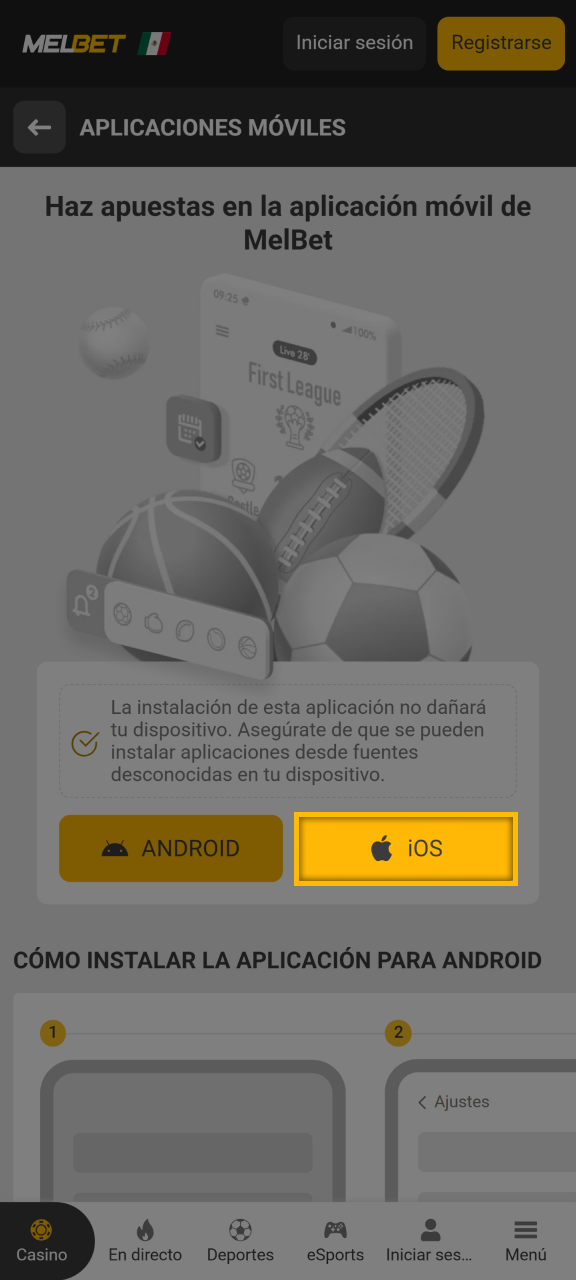 Para iOS, abra la página oficial de instalación desde el navegador Safari y siga las instrucciones para actualizar su acceso móvil a Melbet.