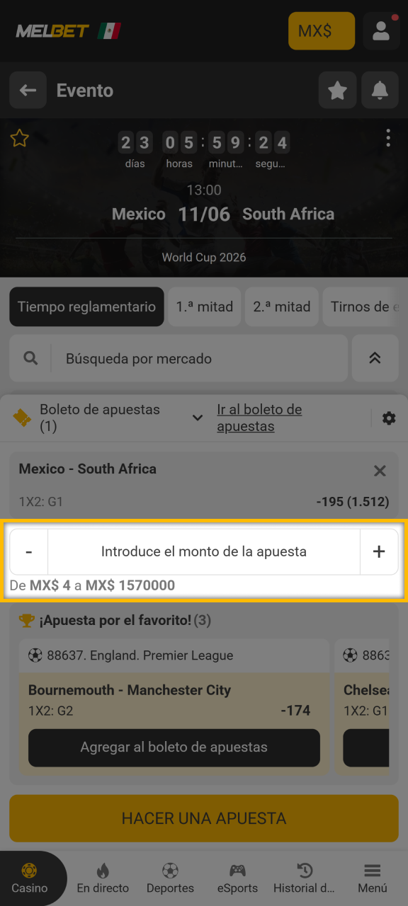 Ingrese el monto de su apuesta en el boleto de apuestas en Melbet.