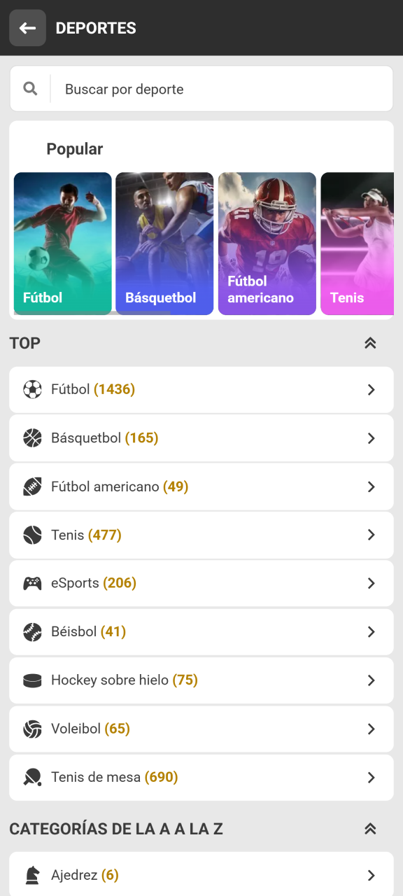 Abre la sección de deportes y elige tu deporte favorito en Melbet.