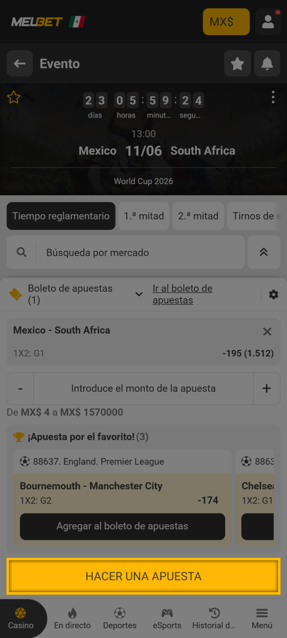 Haga una apuesta en el sitio web de Melbet.