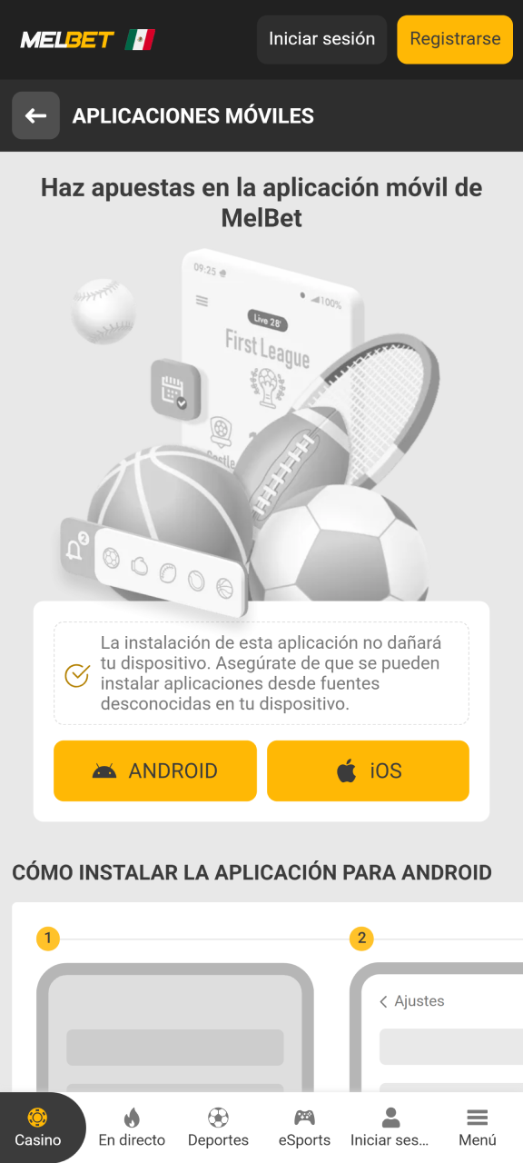 Abra la página de instalación en el sitio web de Melbet.