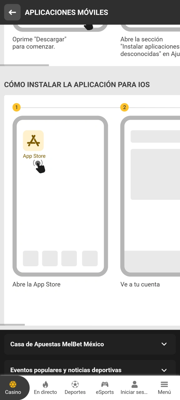 Encuentra las instrucciones en la página de Melbet.