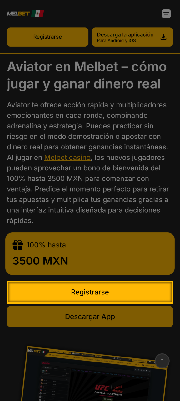 El primer paso es simple: haga clic en el botón de registro en esta página para crear su cuenta oficial en la plataforma Melbet.