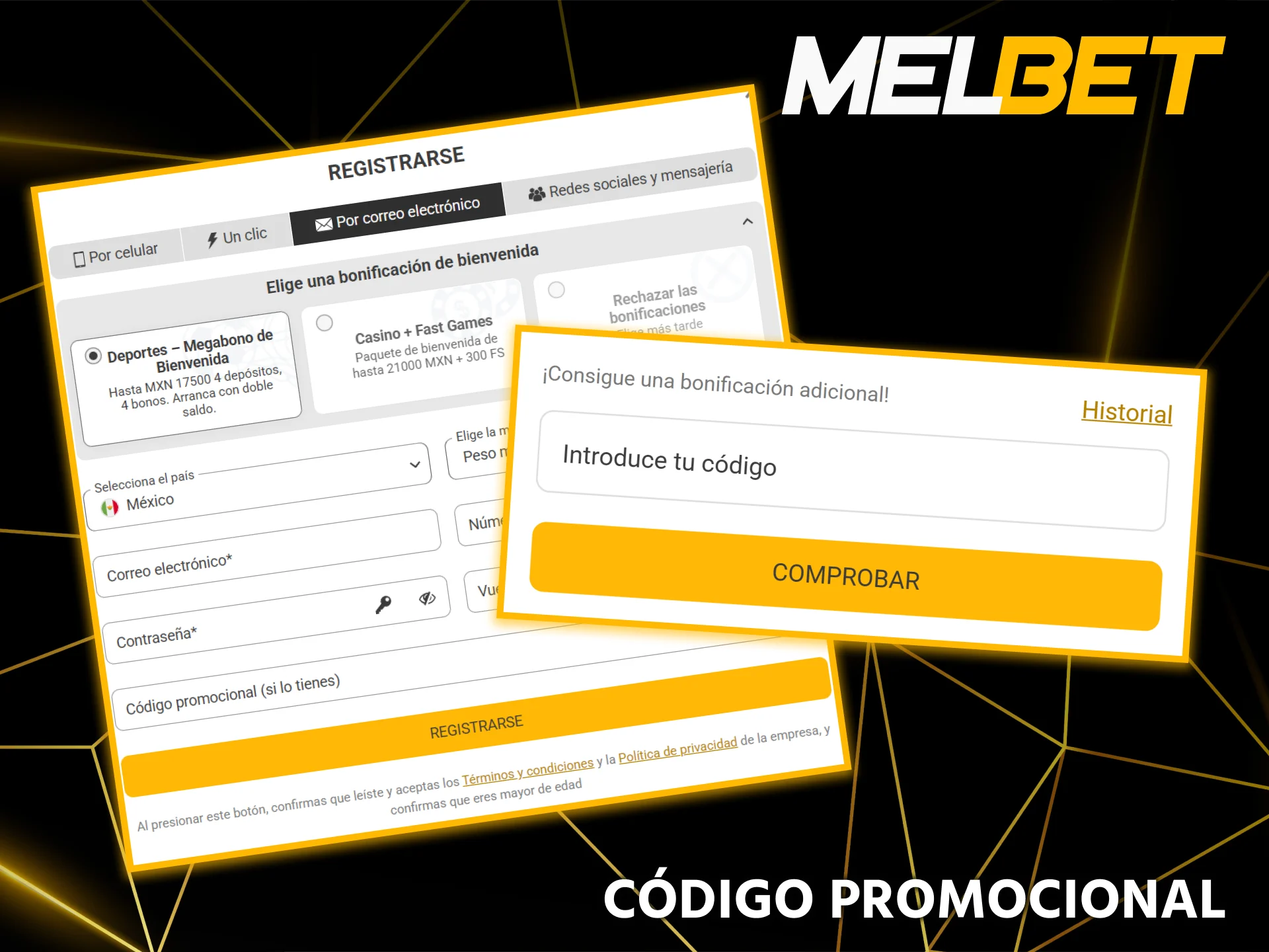 Utilice nuestro código promocional exclusivo durante su registro para desbloquear beneficios adicionales en la plataforma Melbet.