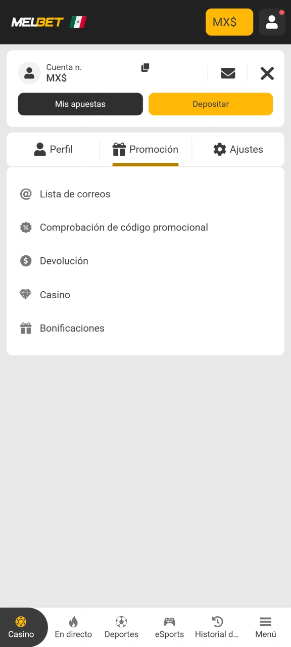 Revise la sección de promociones para comprobar que el bono se activa y verificación de las apuestas de condiciones en su Melbet sesión.