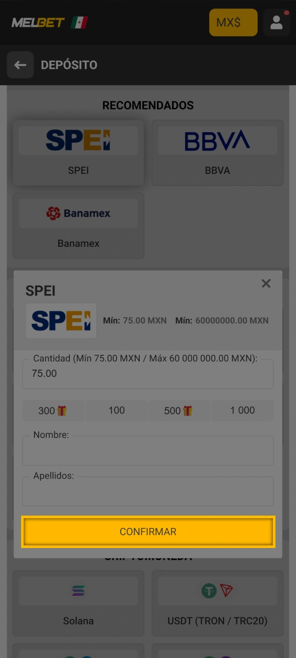 Confirme su depósito en el sitio web de Melbet.