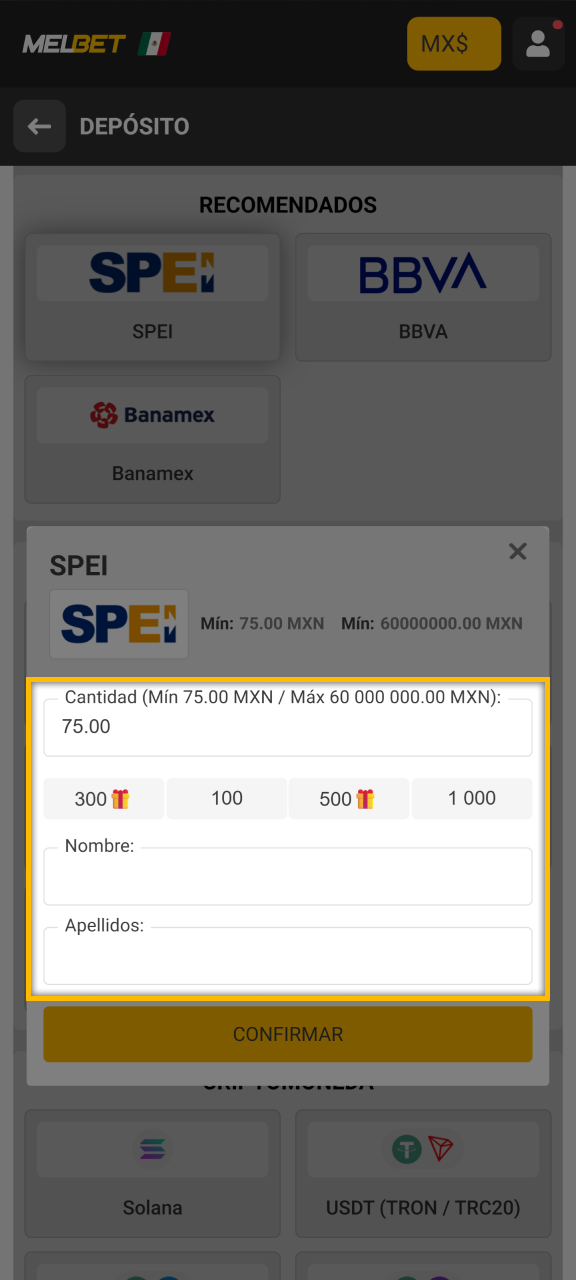 Ingrese sus datos en los campos especiales en Melbet.